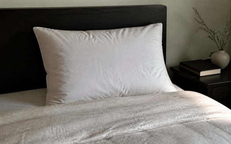 Aufgeschütteltes Daunenkissen auf dem Bett