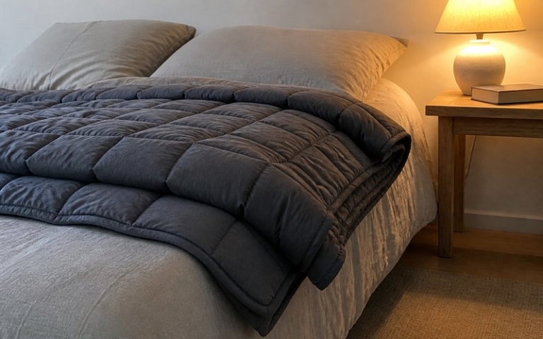 Gewichtsdecke auf dem Bett aufgeschlagen