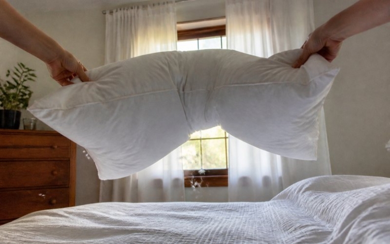Federkissen mit Kissenbezug auf dem Bett